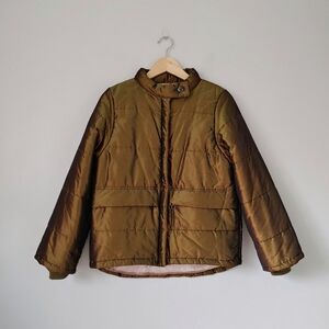 CHANEL Vintage Iridescent Silk Puffer Jacket Metallic Green FR 36